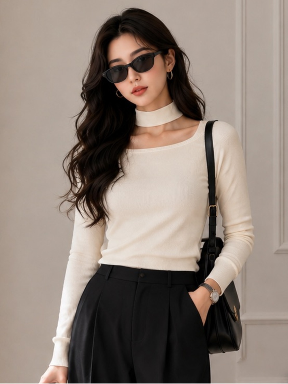 Women’s Ivory Square Neck Long Sleeve Top with Choker Detail
